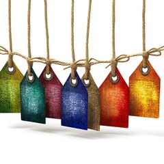 Colorful textured price tags hanging from rope against a white background photo
