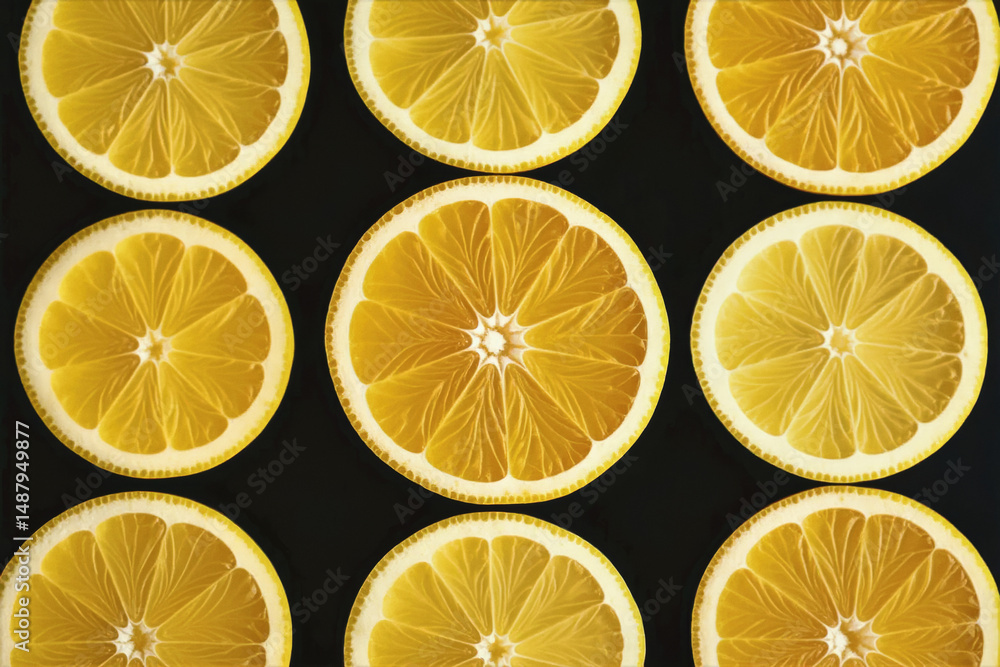 Poster nine lemon slices are arranged in a grid pattern against a stark black backdrop, showcasing their vi