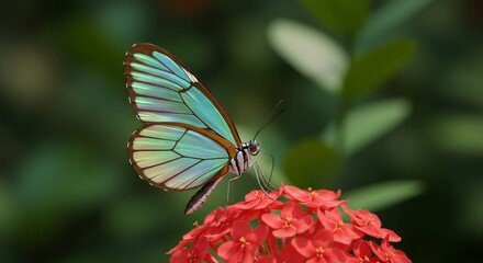 鮮やか青緑蝶 赤花の上優雅に羽休め. AI Generated