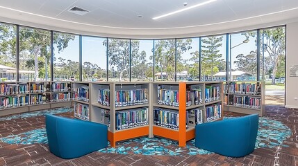 Modern library interior with large windows overlooking a park.
