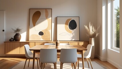 Modern dining room interior design with abstract art and stylish furniture arrangement