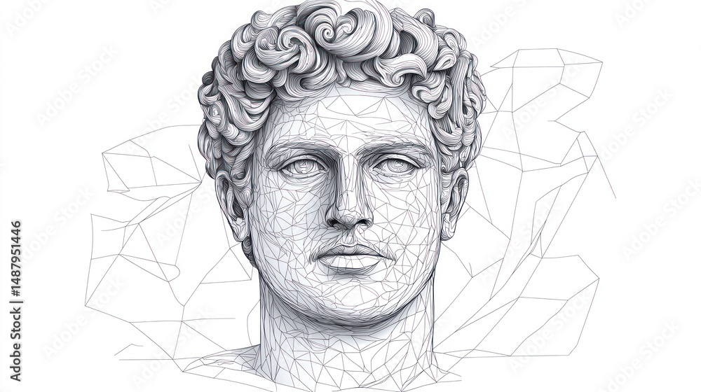 Poster abstract representation of a classical sculpture with geometric lines and patterns, showcasing artis