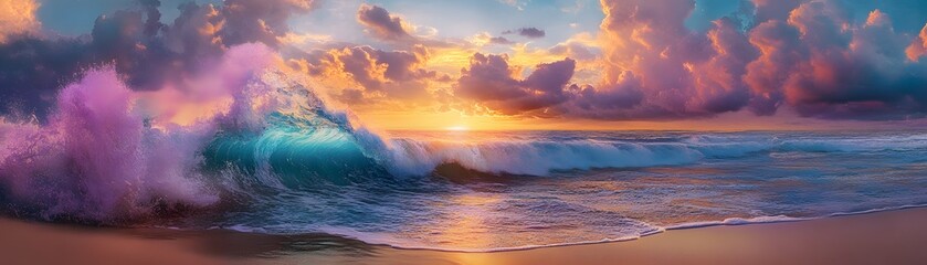 Fototapeta premium Colorful sunset over a dramatic ocean wave.