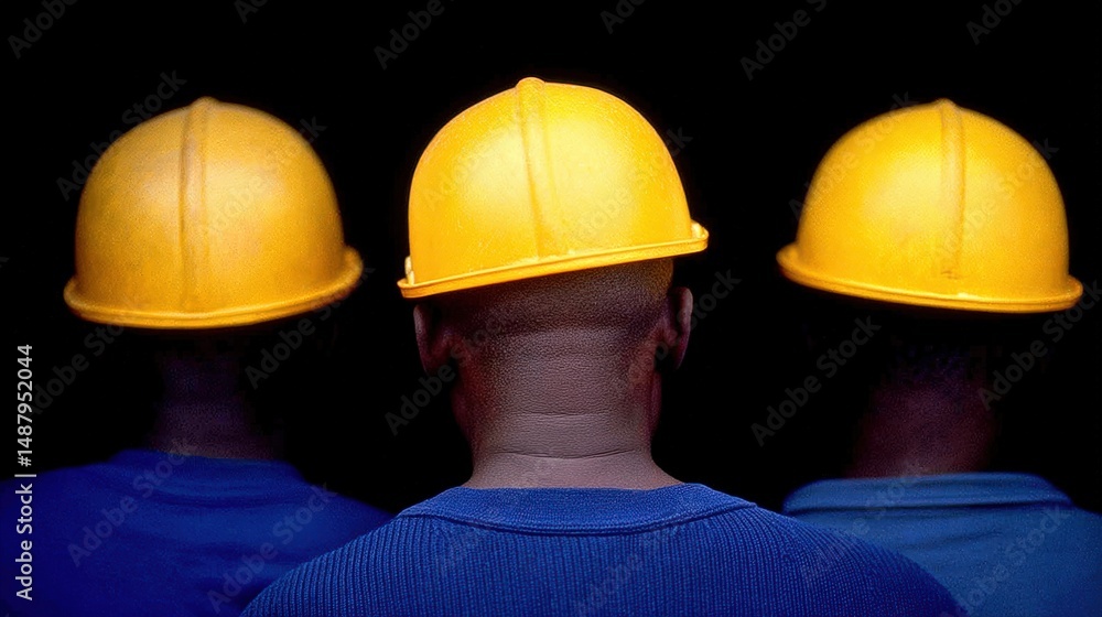 Poster three construction workers wearing bright yellow hard hats standing together against a dark backgrou
