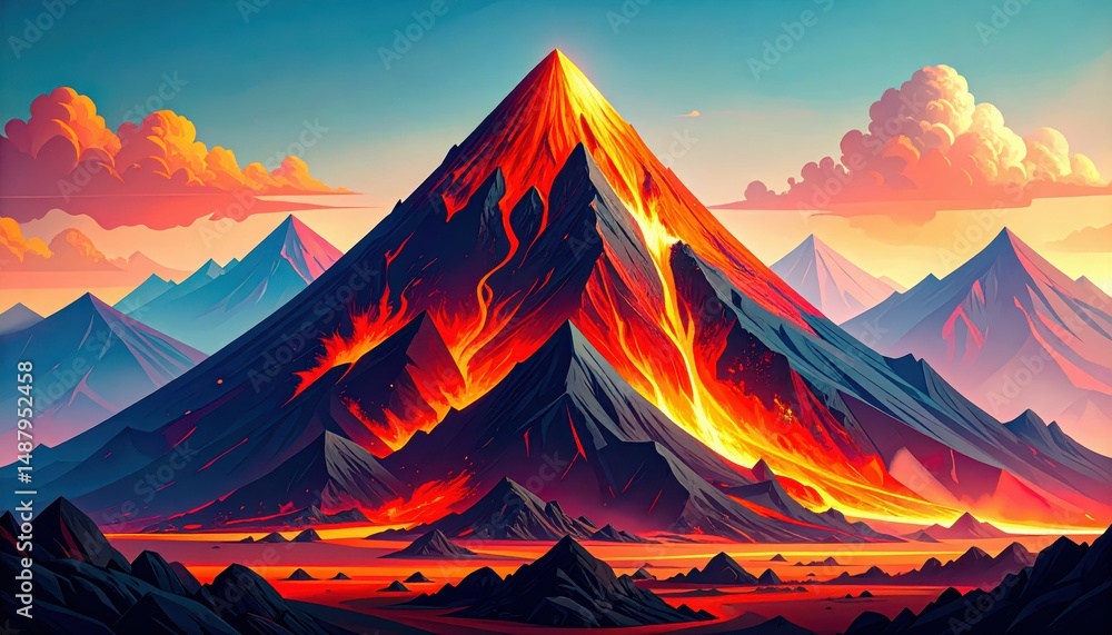 Poster abstract surreal volcano erupting with fiery colors and dynamic shapes