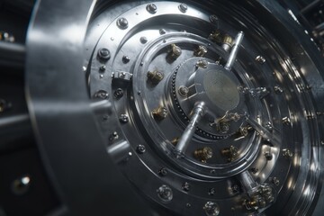 Close-Up View of an Intricate Safe Lock Mechanism with Shiny Metal Parts and Detailed Engineering Features