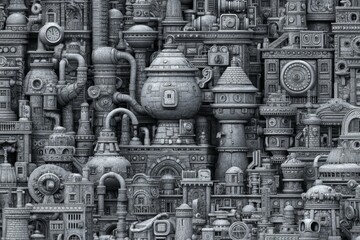 Fototapeta premium Intricate Gray Steampunk Machinery and Pipes in Complex Fantasy Design for Unique and Creative Backgrounds