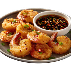 Fototapeta premium Fried shrimp tempura with soy sauce and sesame seeds on a plate isolated on a black background