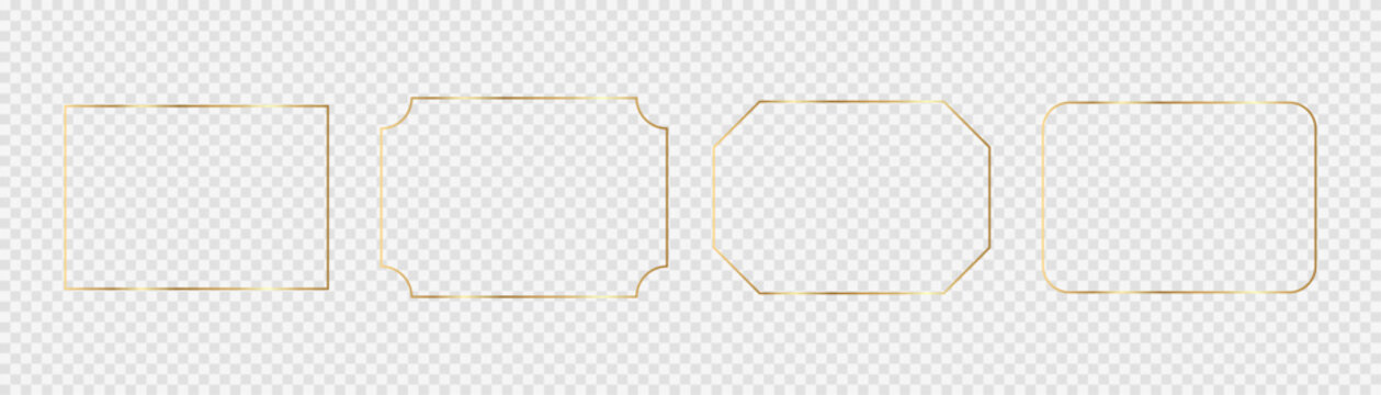 Set of golden frames. Linear decorative geometric collectible golden frames framed on transparent background, minimalism, thin lines, vector graphics.
