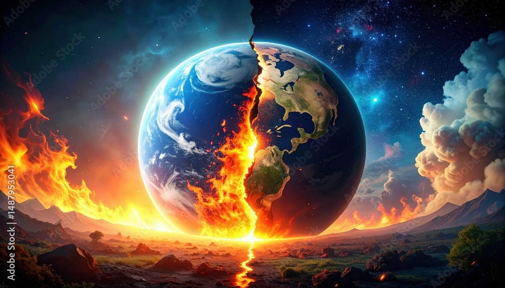Poster surreal concept of earth splitting open with fiery abstract colors