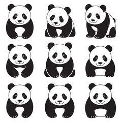 Stylized black and white panda bears, vector silhouette, illustration set