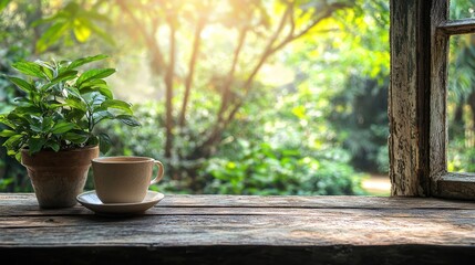 Morning coffee, rustic window, garden view, sunlight
