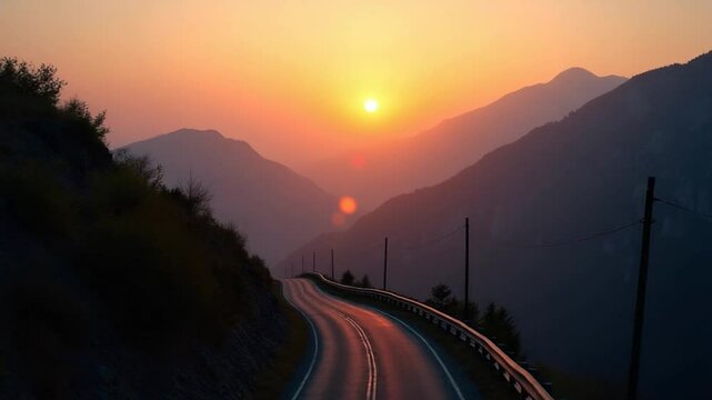 An aerial view of a road in the mountains. beautiful sunset