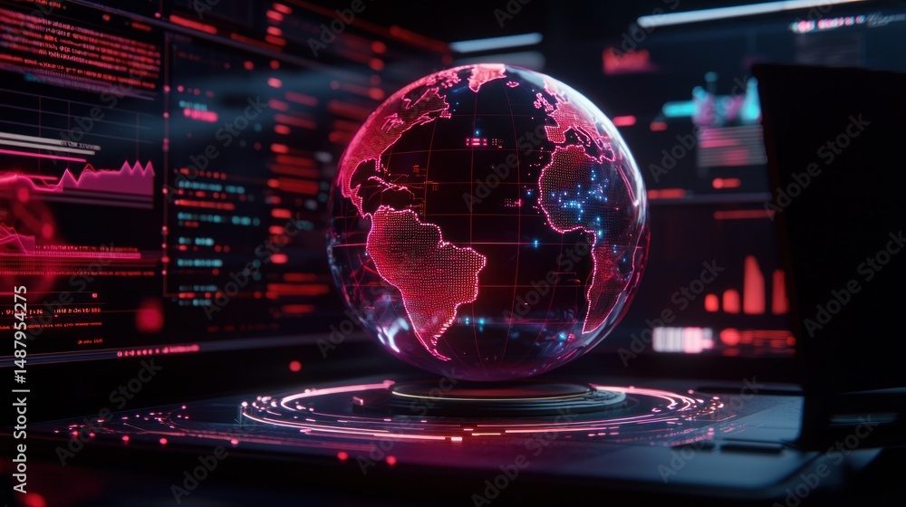 Poster futuristic digital globe showcasing global data analysis in a high-tech environment