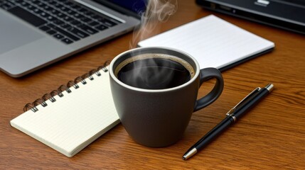Dark coffee mug with steam sits on a wooden office desk.