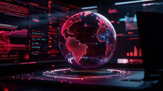Futuristic digital globe showcasing global data analysis in a high-tech environment