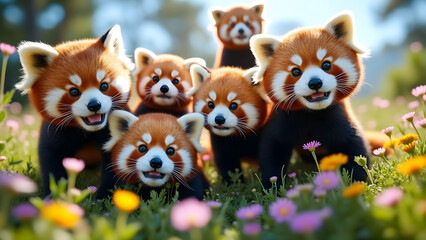 Adorable group of red panda cubs playing happily in colorful flower field under bright natural light