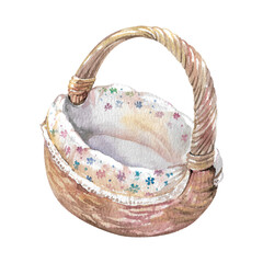 Empty Wicker basket with handle, fabric in floral pattern hand drawn watercolor illustration isolated on white background. Rustic element for picnic, farm design, easter cards, holidays, invitations