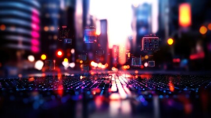 Fototapeta premium Futuristic cityscape at sunset with glowing digital elements and vibrant city lights reflecting