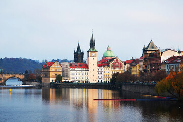 Fototapeta premium Landscape cityscape classic antique building and Prague castle with Charles Bridge crossing Vltava river for Czechia people and foreign travelers travel visit at Praha city in Prague, Czech Republic