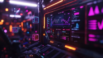 Futuristic control room with glowing interfaces displaying data and analytics in a sci-fi environment