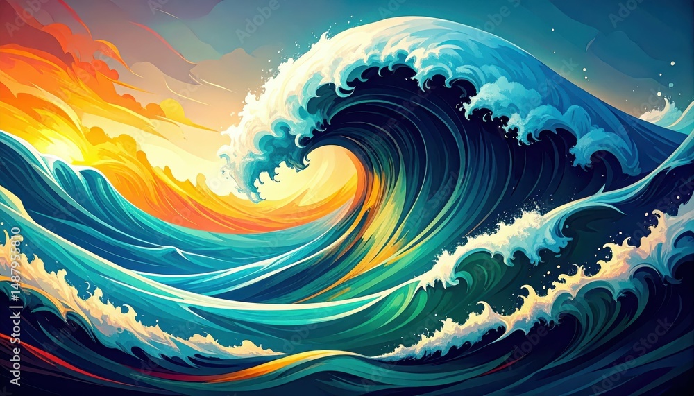 Poster abstract representation of tsunami waves in dynamic fluid motion
