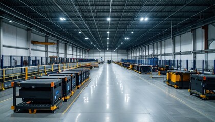 Fototapeta premium Vast Automated Warehouse with Robotic Pickers Illuminated at Night
