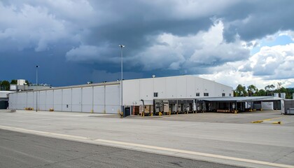 Obraz premium Vast Warehouse with Packing Stations Under Stormy Skies