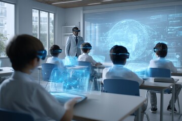 Students learning with virtual reality in classroom