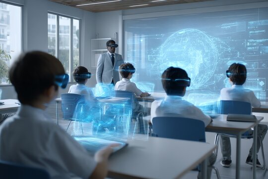 Students learning with virtual reality in classroom