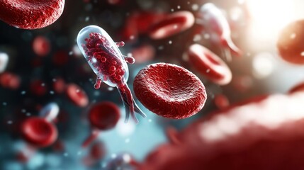 Fototapeta premium Microscopic view of red blood cells and a pathogen in human bloodstream, showcasing infection