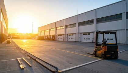 Fototapeta premium Vast Chemical Storage Warehouse with Pallet Jacks at Golden Hour