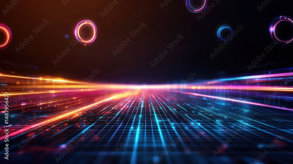 Poster vibrant abstract digital landscape with glowing lines and circles creating a futuristic scene