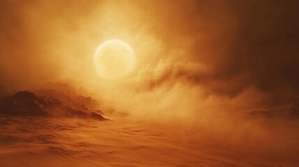 Surreal landscape of a distant planet bathed in intense sunlight and haze