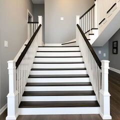 a photo of a staircase with neutral colored treads risers and railings
