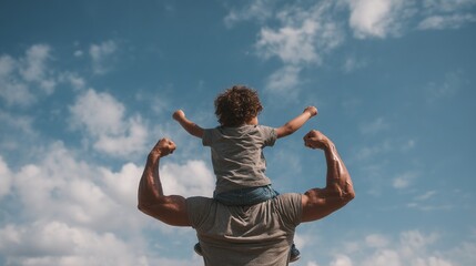 Father Flexes Biceps with Son on Shoulders, Greenery Background, Park or Golf Course, Jeans and T-Shirt, Displaying Strength and Power