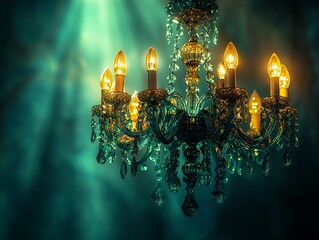 Illuminated Crystal Chandelier Against a Dramatic Teal Backdrop Casting Light Rays