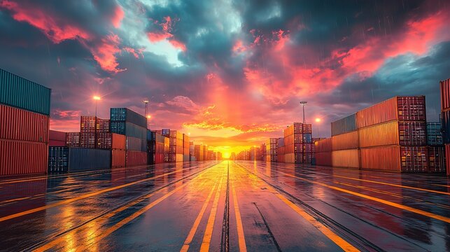 Industrial landscape with cargo containers and logistic transportation under colorful sunset sky, cinematic lighting, photo realistic 8K masterful composition, 8k resolution
