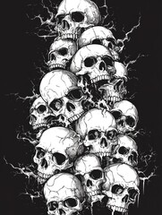 A graphic design of many skulls in a vertical arrangement.