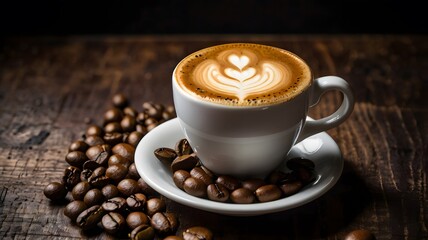 Fototapeta premium Close-up of Creamy Coffee with Heart Latte Art and Roasted Beans