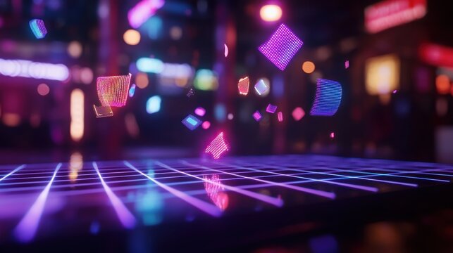 Vibrant neon holographic cubes floating above a glowing grid in a futuristic urban setting