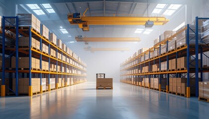 Vast Pallet Racking System with Overhead Cranes in Misty Warehouse