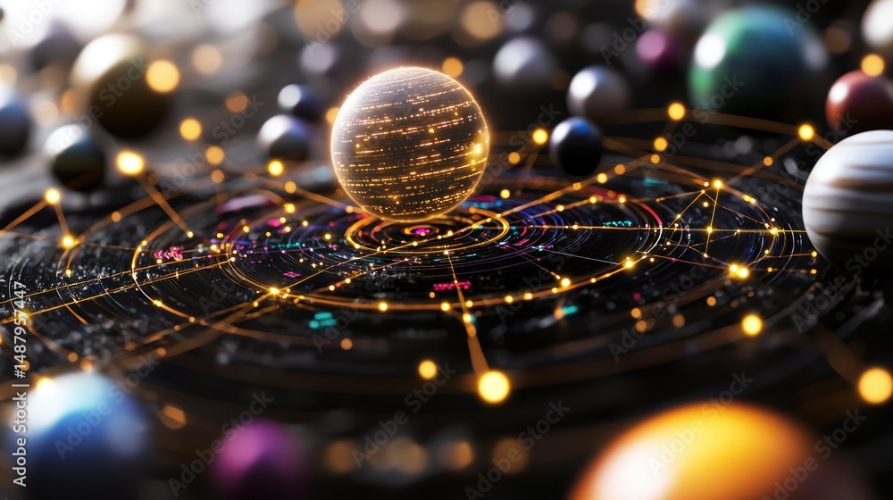 Aufkleber abstract representation of a cosmic system with planets and glowing orbits illustrating space dynami