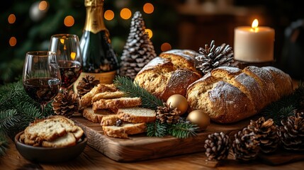 Festive Christmas bread and wine display