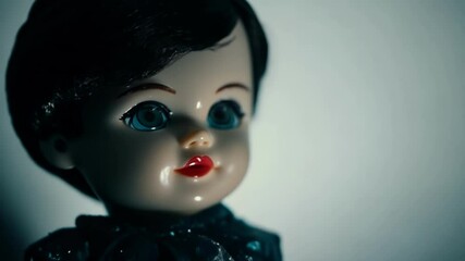 Vintage porcelain doll face with blue eyes & red lips captured in dramatic lighting. The shadows gradually shift across the doll's features, creating an eerie mood as the light source changes position - Powered by Adobe