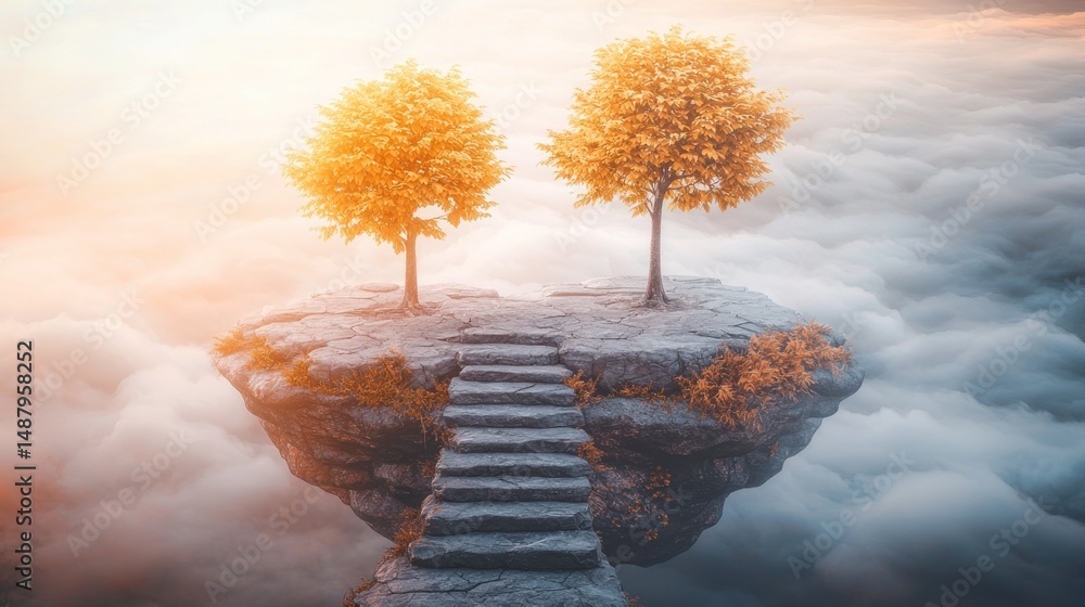 Poster floating rock formation with steps leading to golden trees in clouds.