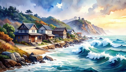 Naklejka premium Peaceful Coastal Village Painting Before Ominous Tsunami Threat