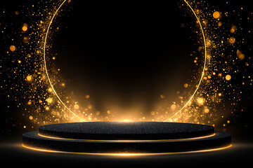 Golden podium with a golden circle illuminated on a black background, an award ceremony concept for illustration vector design. A golden, shimmering round frame on a stage pedestal stand with light