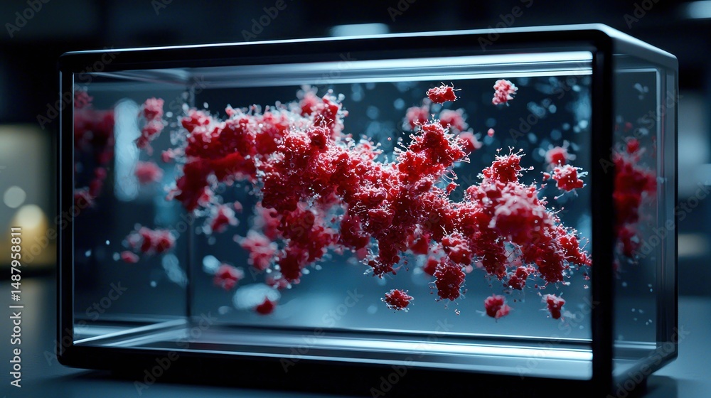 Poster abstract representation of vibrant red particles suspended in a glass container, showcasing dynamic 