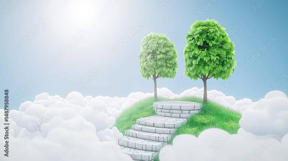 Poster floating island with steps and trees in a light sky.